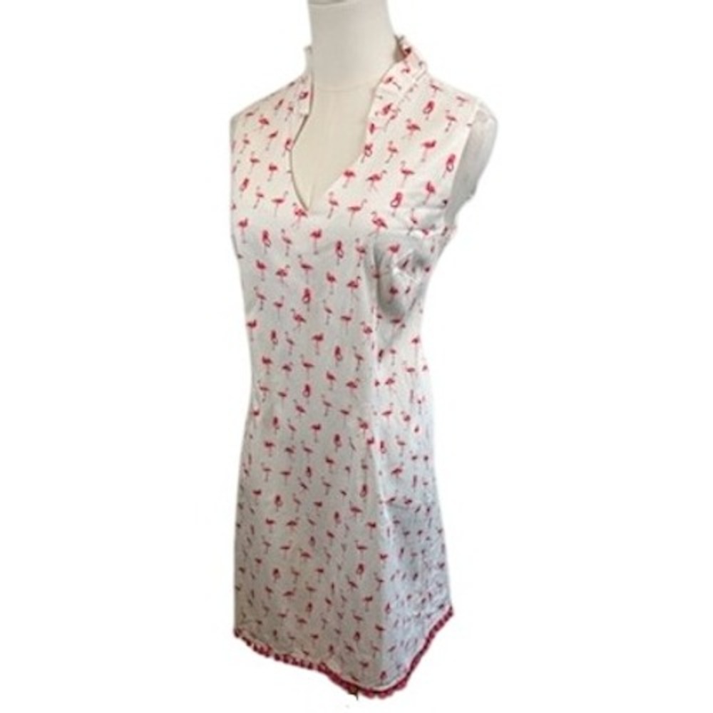 Chetta B White Mini Dress with Pink Flamingo Print